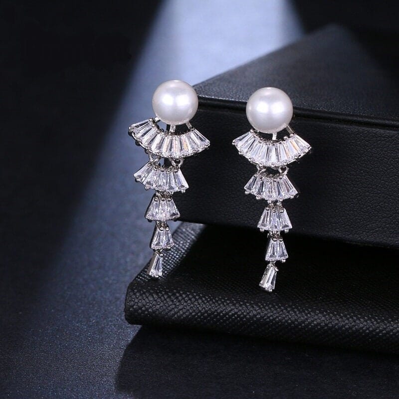Princess Cut CZ Crystal Pearl Earrings, Wedding Dangle Pearl Ear Studs, Pearl Stud CZ Diamond Bridal Earrings - KaleaBoutique.com