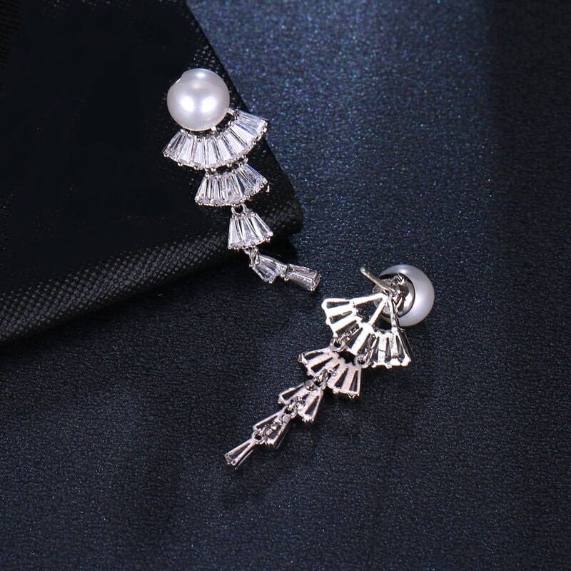 Princess Cut CZ Crystal Pearl Earrings, Wedding Dangle Pearl Ear Studs, Pearl Stud CZ Diamond Bridal Earrings - KaleaBoutique.com