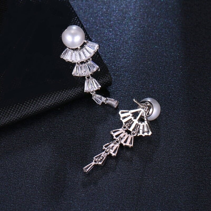 Princess Cut Crystal Pearl Earrings, Wedding Dangle Pearl Ear Studs, Pearl Stud CZ Diamond Bridal Earrings, Bridesmaid 14K Gold Plated Studs - KaleaBoutique.com
