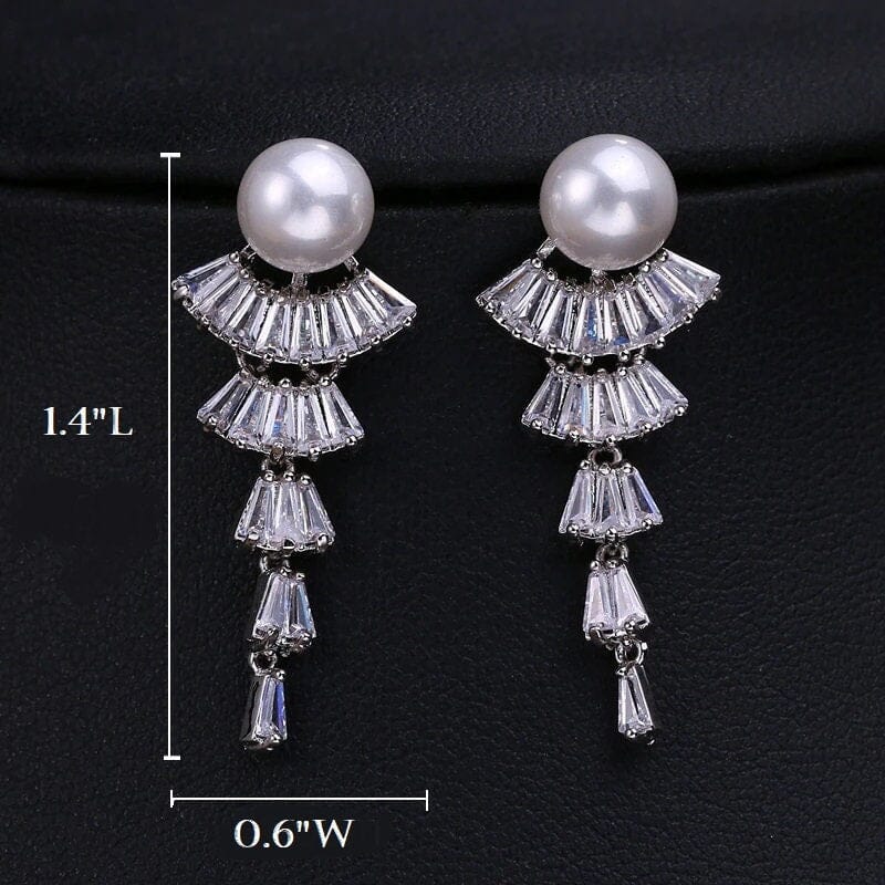 Princess Cut CZ Crystal Pearl Earrings, Wedding Dangle Pearl Ear Studs, Pearl Stud CZ Diamond Bridal Earrings - KaleaBoutique.com