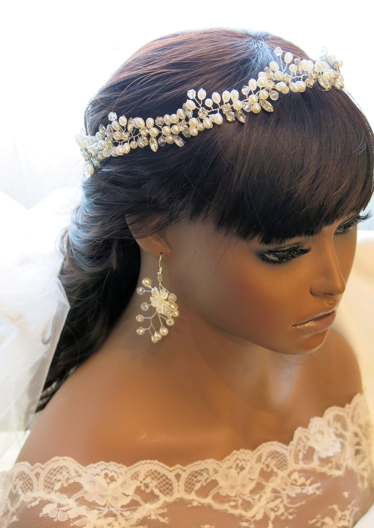 Princess Pearl Tiara and Earrings, Bridal Pearl Headband, Wedding Pearl Head Wreath, Pearl Crown Headpiece - KaleaBoutique.com
