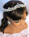 Princess White Pearl Tiara Crystal Earrings Wedding 3PC Jewelry Set, Bridal Pearl Headband, Cosplay Pearl Head Wreath, Pearl Crown Headpiece - KaleaBoutique.com