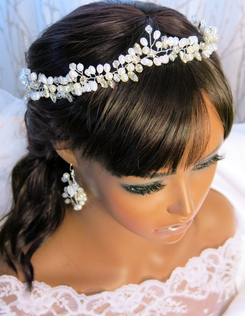 Princess White Pearl Tiara Crystal Earrings Wedding 3PC Jewelry Set, Bridal Pearl Headband, Cosplay Pearl Head Wreath, Pearl Crown Headpiece - KaleaBoutique.com