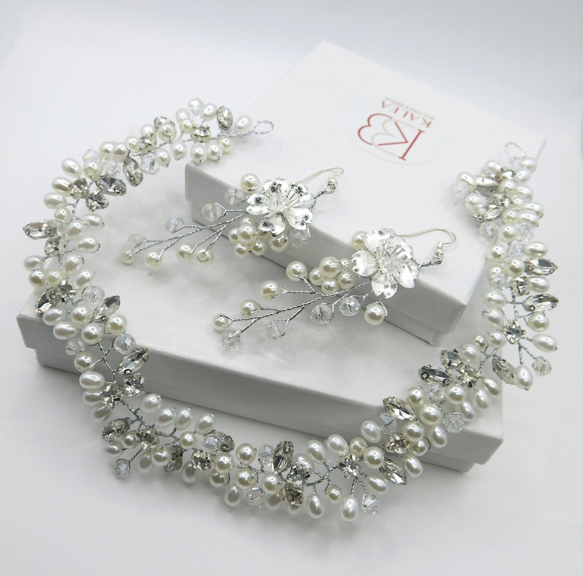 Princess Pearl Tiara and Earrings, Bridal Pearl Headband, Wedding Pearl Head Wreath, Pearl Crown Headpiece - KaleaBoutique.com