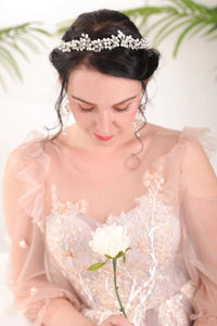 Princess Pearl Tiara and Earrings, Bridal Pearl Headband, Wedding Pearl Head Wreath, Pearl Crown Headpiece - KaleaBoutique.com
