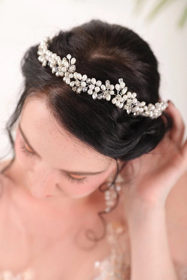 Princess Pearl Tiara and Earrings, Bridal Pearl Headband, Wedding Pearl Head Wreath, Pearl Crown Headpiece - KaleaBoutique.com