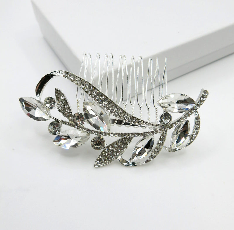 Rhinestone Leaf Crystal Silver Hair Comb, Wedding Crystal Decorative Hair Comb, Bridal Rhinestone Gem Hairpiece - KaleaBoutique.com