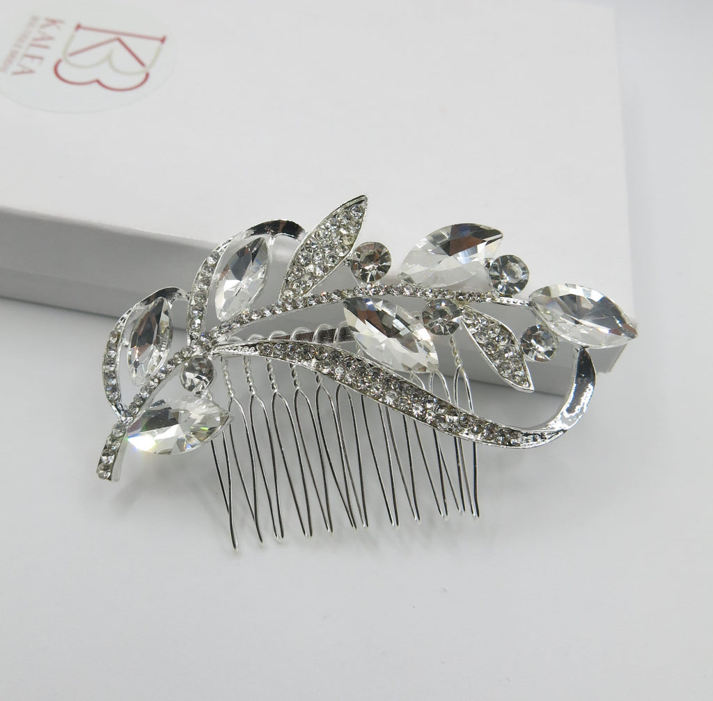 Rhinestone Leaf Crystal Silver Hair Comb, Wedding Crystal Decorative Hair Comb, Bridal Rhinestone Gem Hairpiece - KaleaBoutique.com