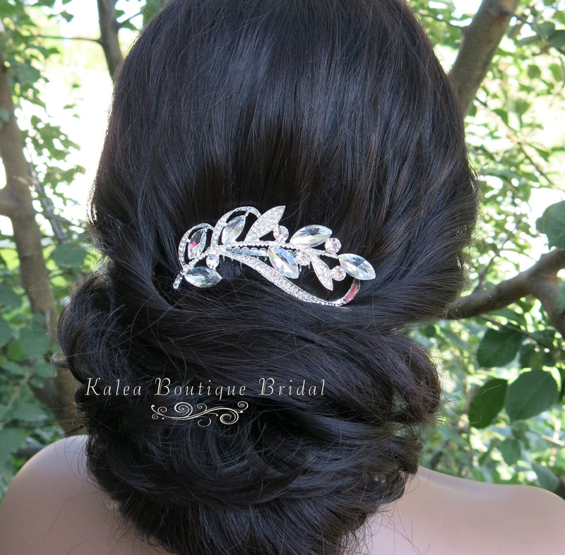 Rhinestone Leaf Crystal Silver Hair Comb, Wedding Crystal Decorative Hair Comb, Bridal Rhinestone Gem Hairpiece - KaleaBoutique.com