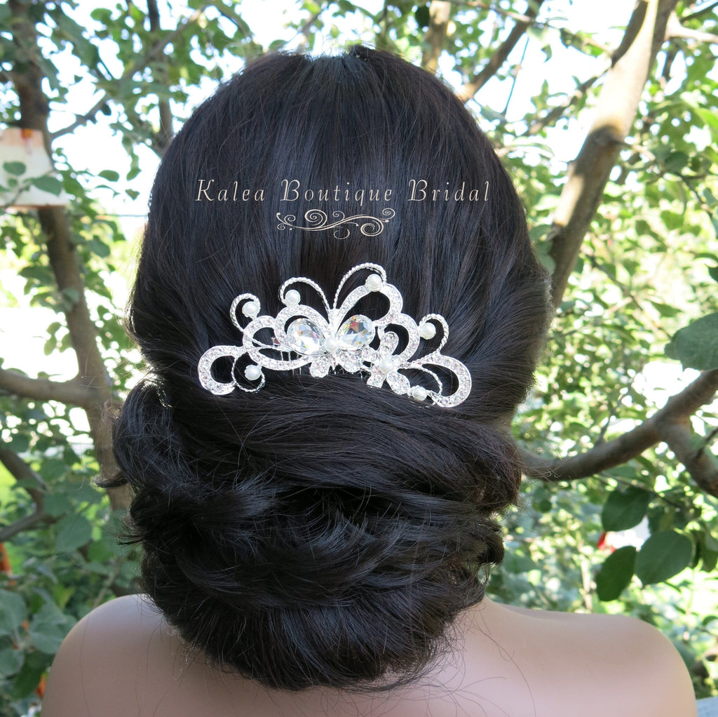 Rhinestone Butterfly Crystal Wedding Hair Comb, Bridal Crystal Butterfly Hairpin Headpiece for Bride - KaleaBoutique.com