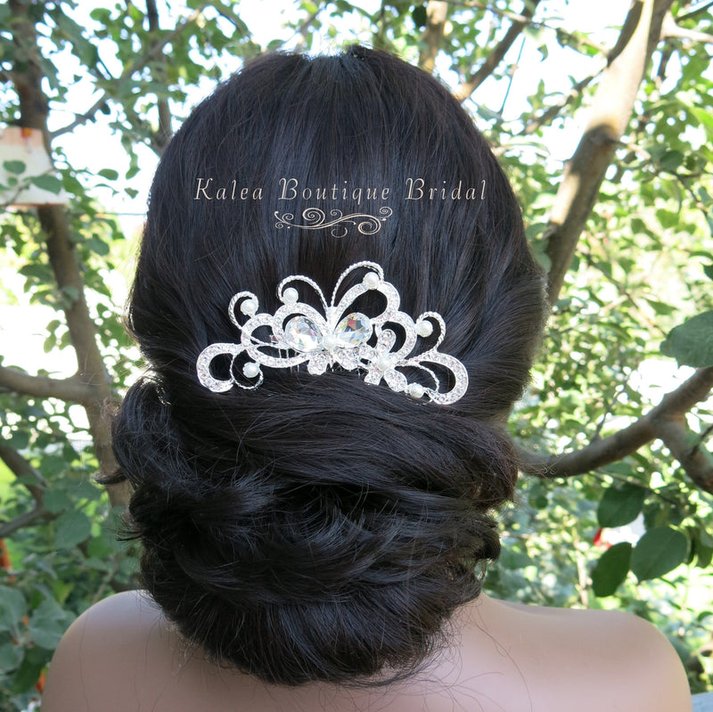 Rhinestone Butterfly Swirl Hair Comb, Wedding Silver Hairpiece, Small Bridal Crystal Butterfly Hairpin Headpiece, Pearl Gem Hair Comb - KaleaBoutique.com