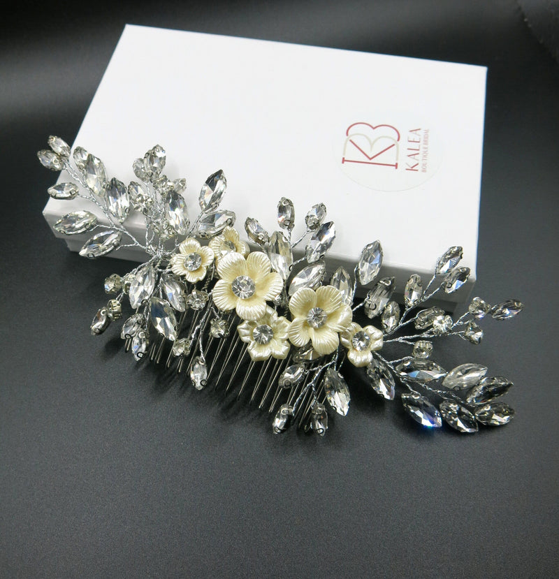 Rhinestone Crystal Seashell Flower Hair Comb, Ivory Floral Large Wedding Hair Comb, Bridal Crystal Decorative Hairpiece - KaleaBoutique.com