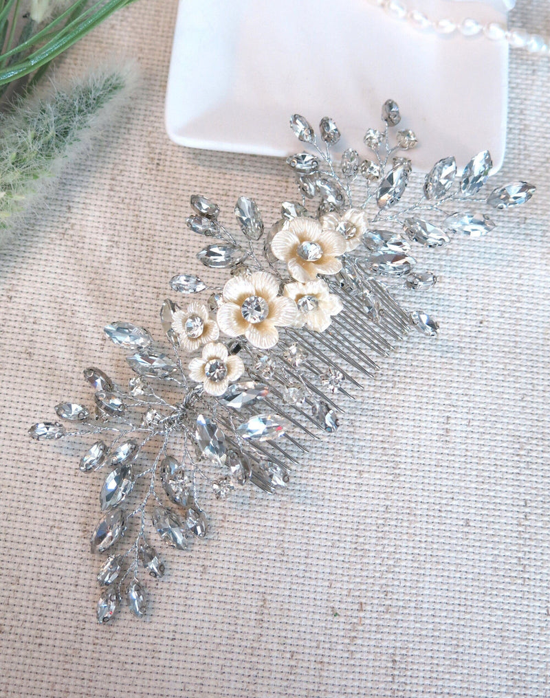 Rhinestone Crystal Seashell Flower Hair Comb, Ivory Floral Large Wedding Hair Comb, Bridal Crystal Decorative Hairpiece - KaleaBoutique.com