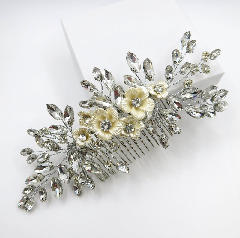 Rhinestone Crystal Seashell Flower Hair Comb, Ivory Floral Large Wedding Hair Comb, Bridal Crystal Decorative Hairpiece - KaleaBoutique.com