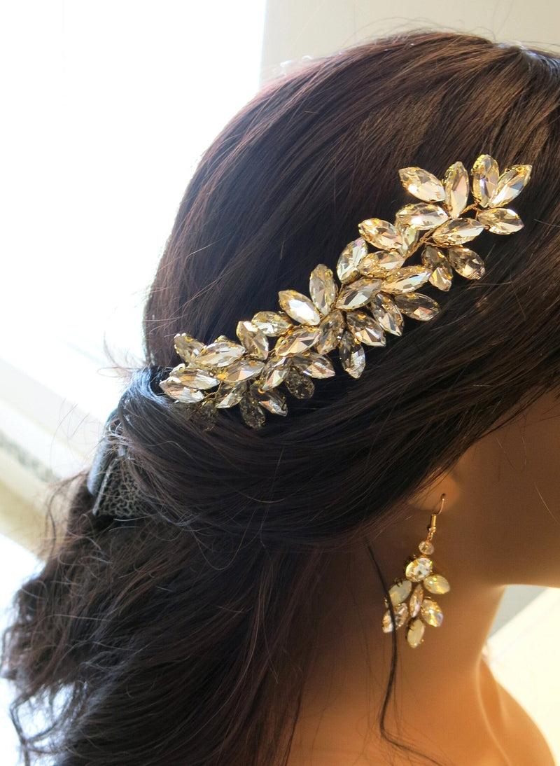 Rhinestone Crystals Gold Hair Comb, Wedding Gem Hairpiece, Bridal Party Rhinestone Hairpin - KaleaBoutique.com
