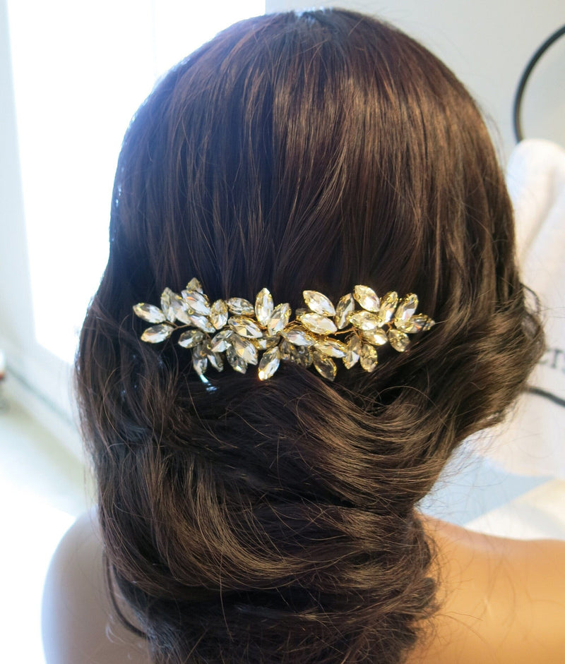 Rhinestone Crystals Gold Hair Comb, Wedding Gem Hairpiece, Bridal Party Rhinestone Hairpin - KaleaBoutique.com