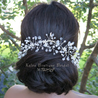 Rhinestone Flower Combed Hair Vine, Crystal Wedding Hairpin Wire, Bridal Silver Hair Vine Headpiece - KaleaBoutique.com
