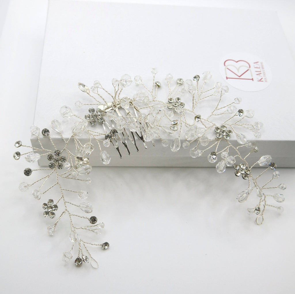 Rhinestone Flower Combed Hair Vine, Crystal Wedding Hairpin Wire, Bridal Silver Hair Vine Headpiece - KaleaBoutique.com