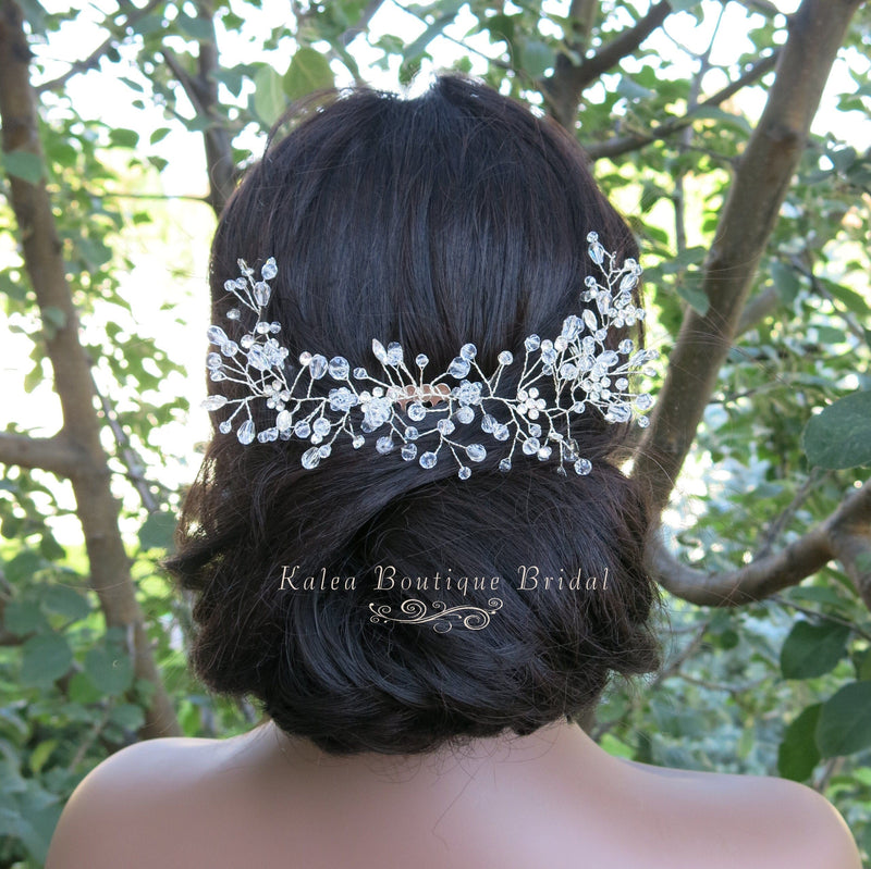 Rhinestone Flower Combed Hair Vine, Crystal Wedding Hairpin Wire, Bridal Silver Hair Vine Headpiece - KaleaBoutique.com