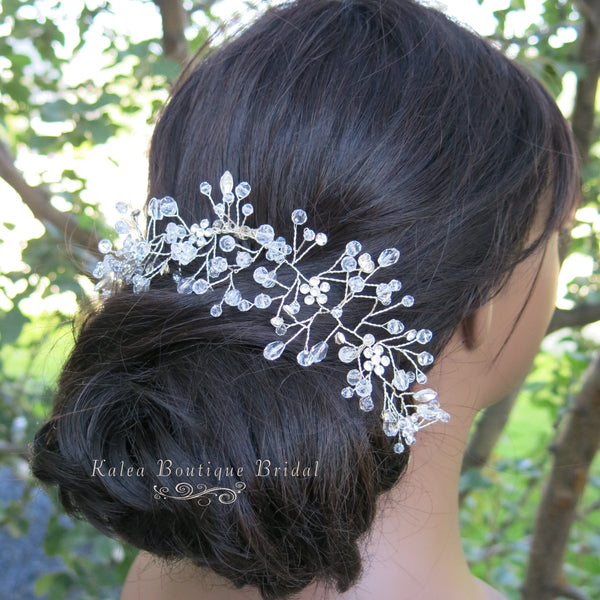 Rhinestone Flower Combed Hair Vine, Crystal Wedding Hairpin Wire, Bridal Silver Hair Vine Headpiece - KaleaBoutique.com