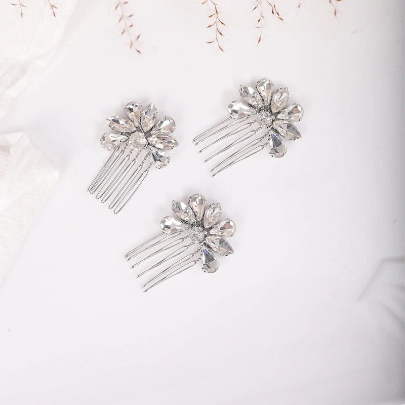 Rhinestone Flower 3 PC Mini Hair Comb Set, Bridal Gem Small Hairpin Headpiece, Minimalist Wedding Hair Comb 3 PC Set - KaleaBoutique.com