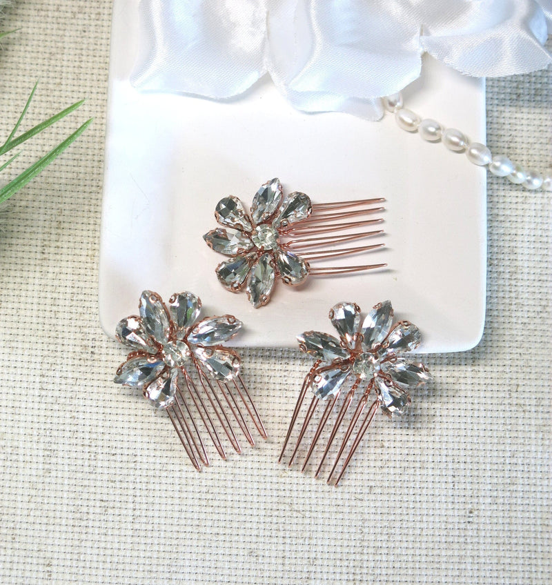 Rhinestone Flower 3 PC Mini Hair Comb Set, Bridal Gem Small Hairpin Headpiece, Minimalist Wedding Hair Comb 3 PC Set - KaleaBoutique.com