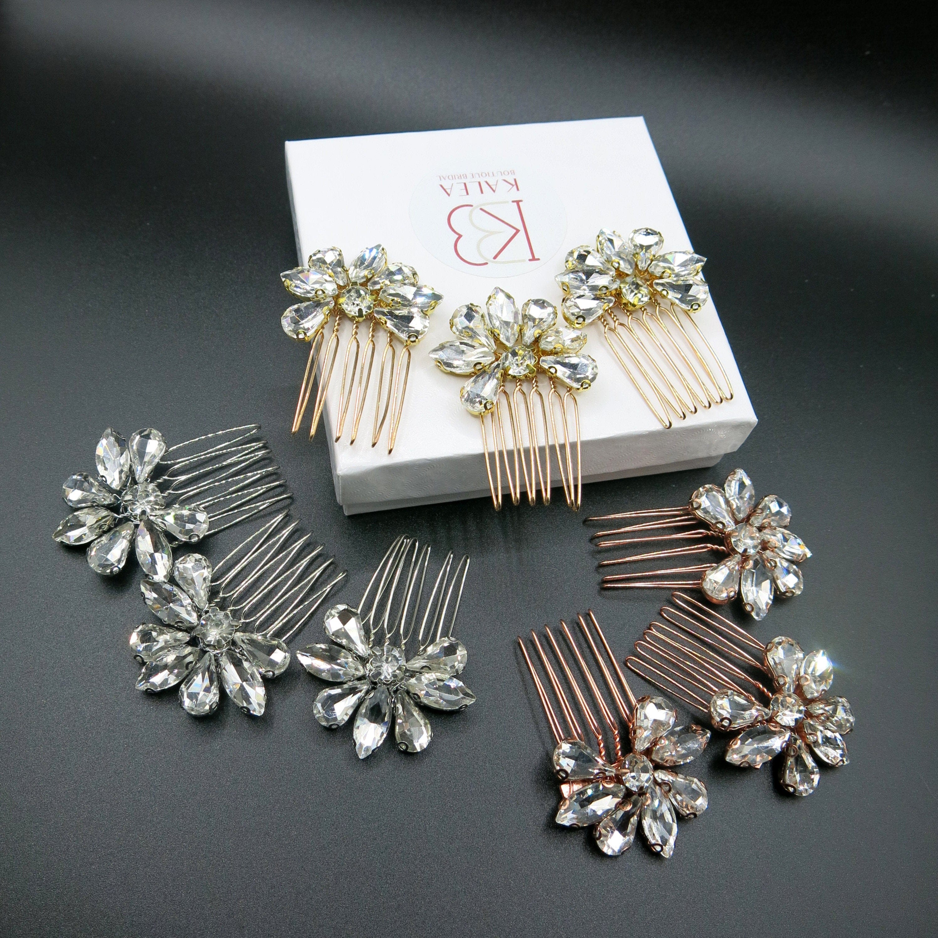 Rhinestone Flower 3 PC Mini Hair Comb Set, Bridal Gem Small 