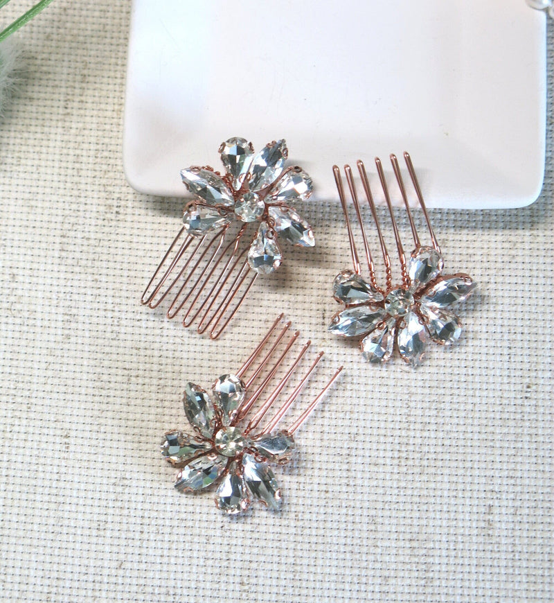 Rhinestone Flower 3 PC Mini Hair Comb Set, Bridal Gem Small Hairpin Headpiece, Minimalist Wedding Hair Comb 3 PC Set - KaleaBoutique.com