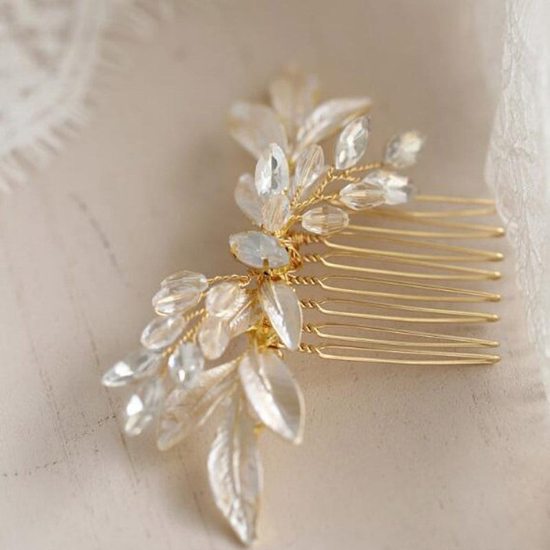 Rhinestone Gem Bridal 2 PC Hair Comb Set, Small Vintage Inspired Wedding Gold Hair Combs Set - KaleaBoutique.com