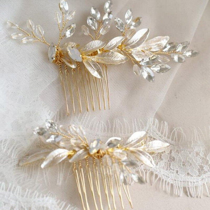 Rhinestone Gem Bridal 2 PC Hair Comb Set, Small Vintage Inspired Wedding Gold Hair Combs Set - KaleaBoutique.com