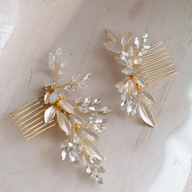 Rhinestone Gem Bridal Hairpins, Crystal Leaf Wedding Hair Comb Headpiece, Small Vintage Gold Hair Comb, 2 PC Bridesmaid Wire Hairpiece Set - KaleaBoutique.com