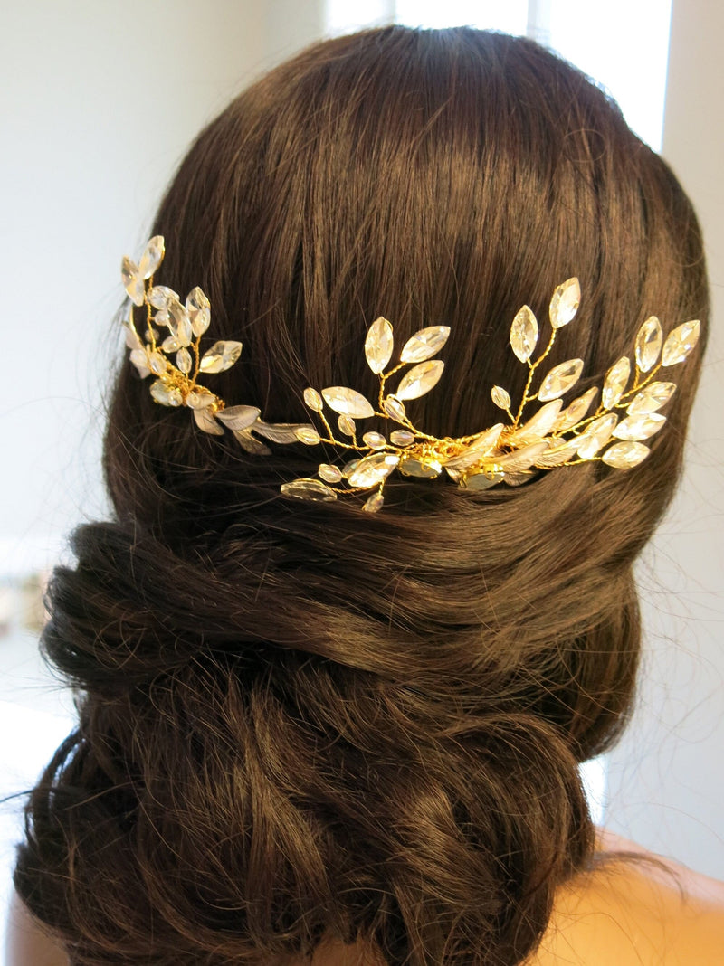 Rhinestone Gem Bridal 2 PC Hair Comb Set, Small Vintage Inspired Wedding Gold Hair Combs Set - KaleaBoutique.com