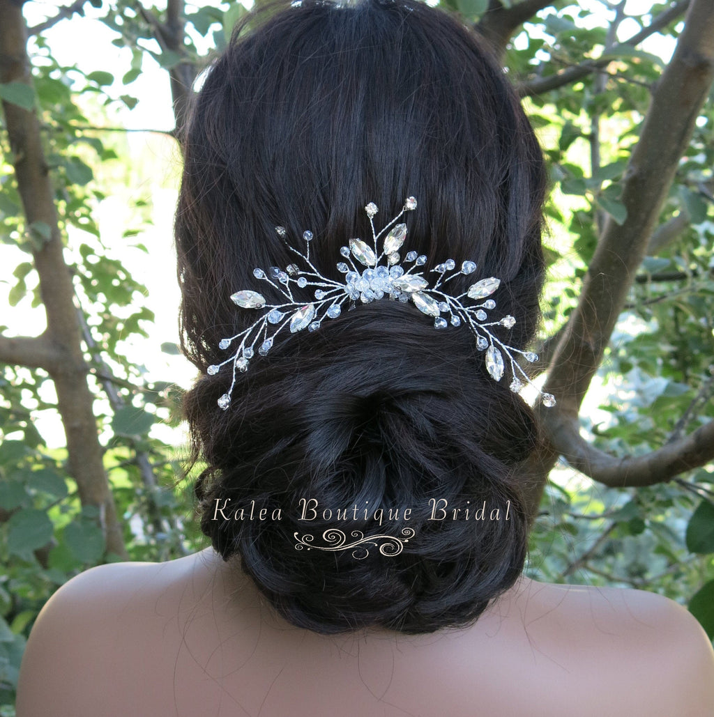 Rhinestone Large Bridal Hair Comb, Crystal Floral Wedding Hairpiece, Silver Decorative Hair Comb Headpiece - KaleaBoutique.com