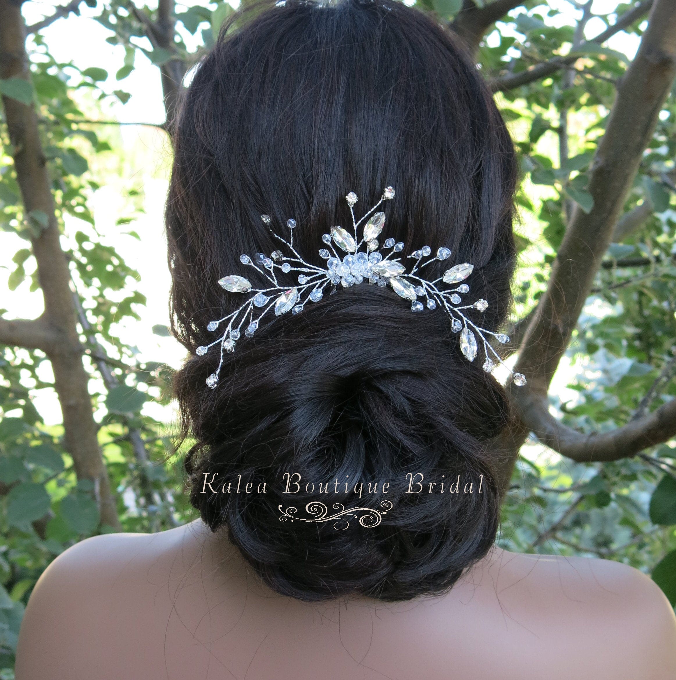 Rhinestone Leaf/Flower Floral Bridal Hair Comb - Silver Green Opal Rhinestone Flower Hair Pins for Bride - Set of 3  main image 3