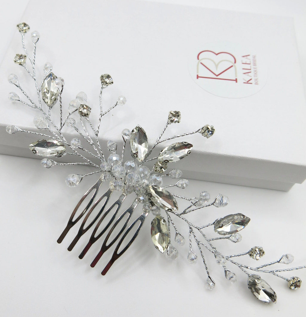 Rhinestone Large Bridal Hair Comb, Crystal Floral Wedding Hairpiece, Silver Decorative Hair Comb Headpiece - KaleaBoutique.com