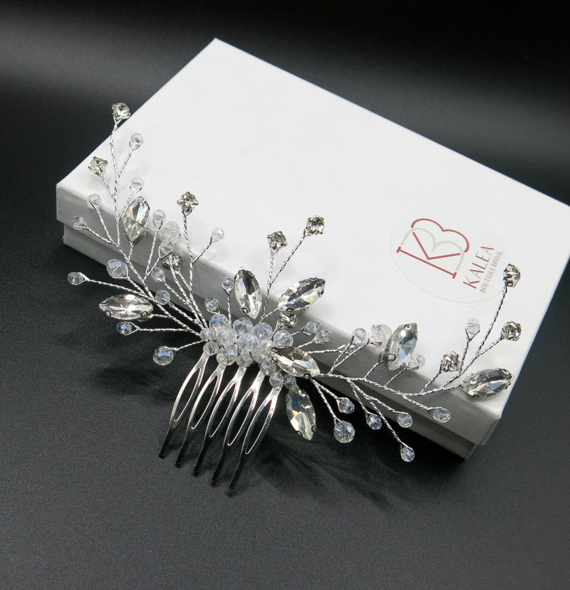 Rhinestone Large Bridal Hair Comb, Crystal Floral Wedding Hairpiece, Silver Decorative Hair Comb Headpiece - KaleaBoutique.com