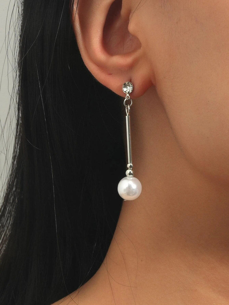 Rhinestone Wedding Bridal Boho Earrings Silver Tone Tube White Pearl Dangle Bridesmaid Fashion Party Prom Stud Earrings 2.0"L - KaleaBoutique.com