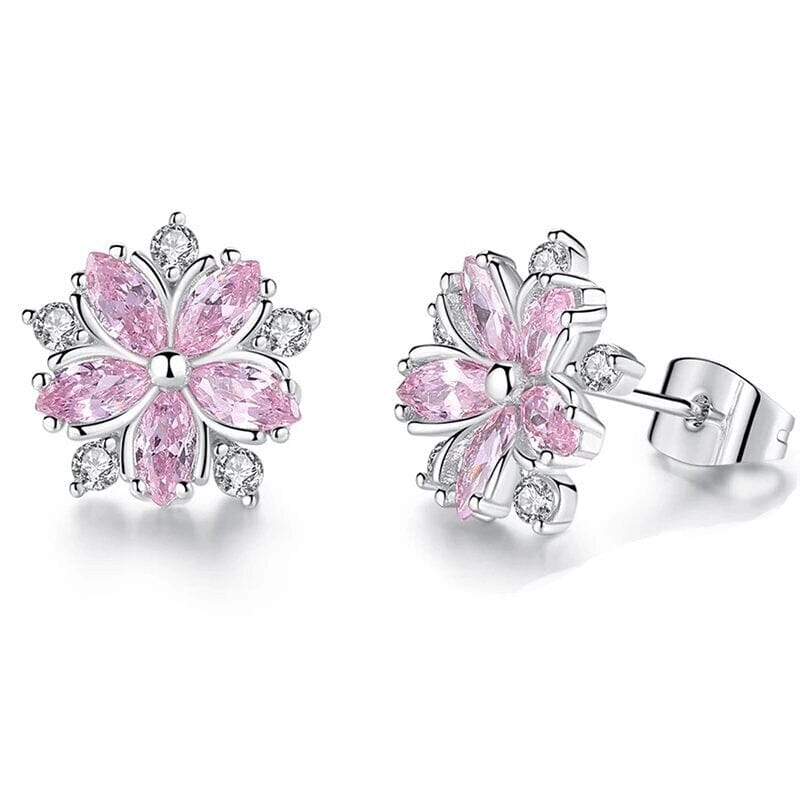 Pink Crystal Flower Minimalist Earrings, CZ Crystal Gemstone Floral Ear Studs, Wedding Bridal or Bridesmaid Ear Studs - KaleaBoutique.com
