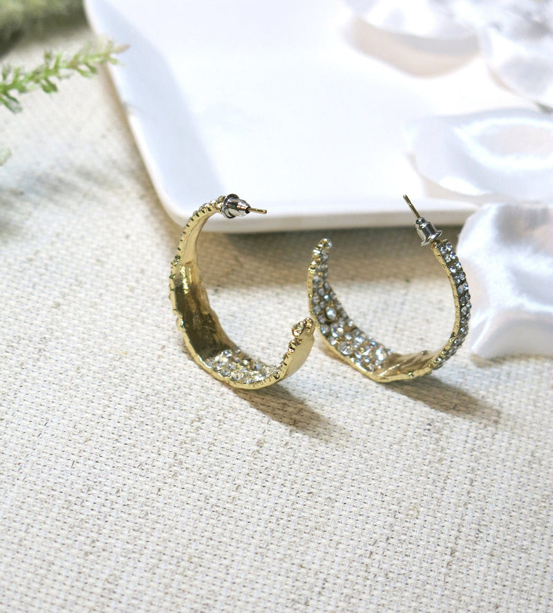 Rough Cut Crystal Studded Hoop Earrings, CZ Diamond Hooped Studs, Wedding Glam Gold Earrings, Bridal Half Hoop Crystal Hoop Stud Earrings - KaleaBoutique.com