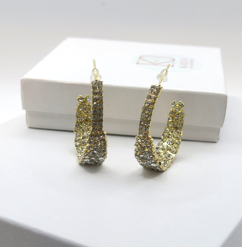 Rough Cut Crystal Studded Hoop Earrings, CZ Diamond Hooped Studs, Wedding Glam Gold Earrings, Bridal Half Hoop Crystal Hoop Stud Earrings - KaleaBoutique.com