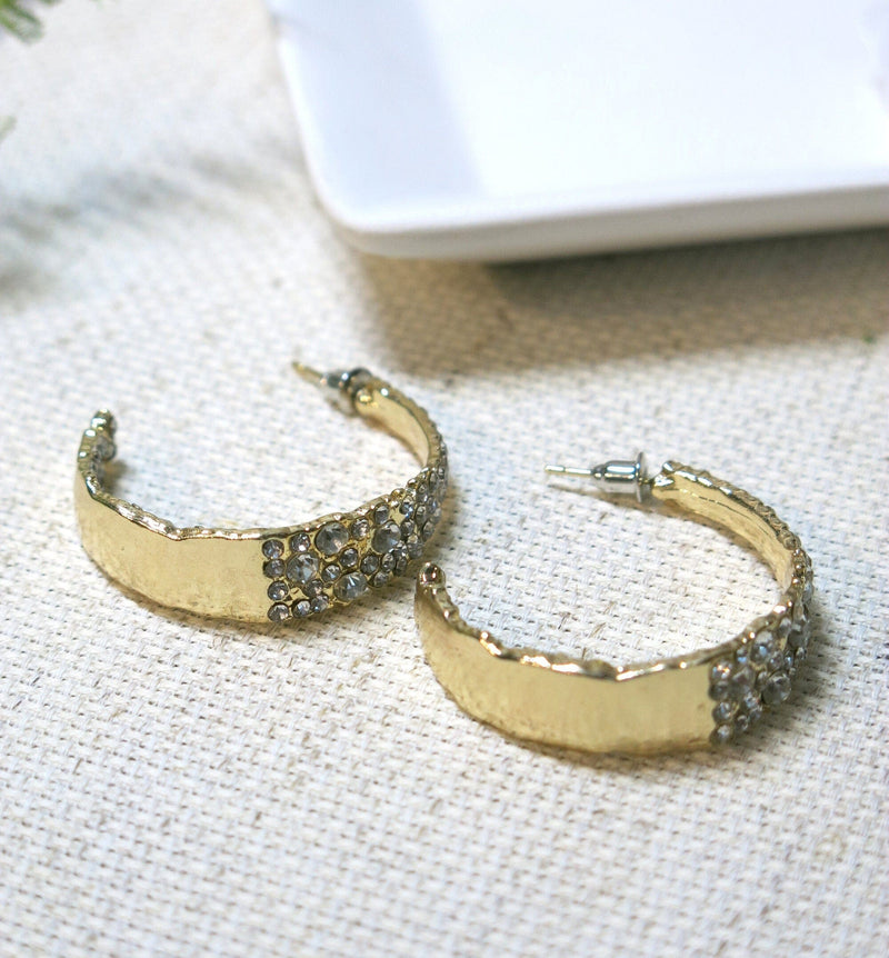 Rough Cut Crystal Studded Hoop Earrings, CZ Diamond Hooped Studs, Wedding Glam Gold Earrings, Bridal Half Hoop Crystal Hoop Stud Earrings - KaleaBoutique.com