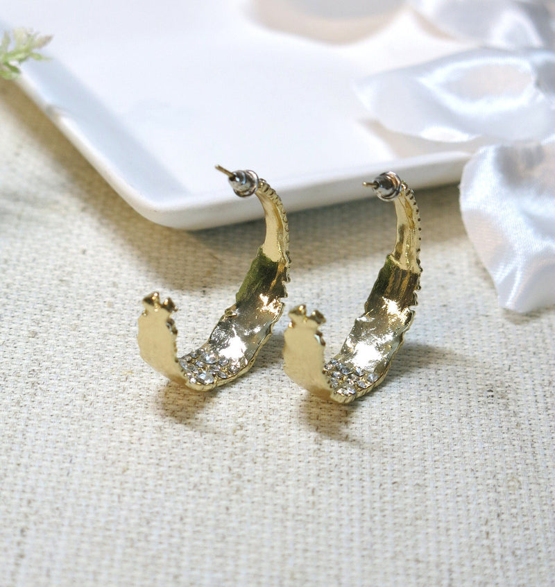 Rough Cut Crystal Studded Hoop Earrings, CZ Diamond Hooped Studs, Wedding Glam Gold Earrings, Bridal Half Hoop Crystal Hoop Stud Earrings - KaleaBoutique.com