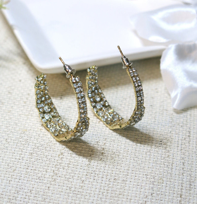 Rough Cut Crystal Studded Hoop Earrings, CZ Diamond Hooped Studs, Wedding Glam Gold Earrings, Bridal Half Hoop Crystal Hoop Stud Earrings - KaleaBoutique.com