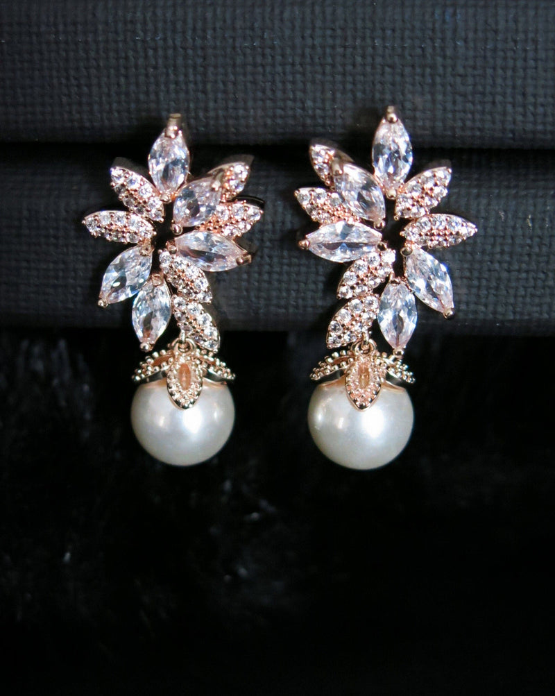Round Pearl Drop Crystal Earrings, Bridal CZ Diamond 14K Gold Pearl Studs, Wedding Crystal Stud Earrings - KaleaBoutique.com