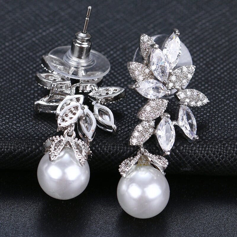 Round Pearl Drop Crystal Earrings, Bridal CZ Diamond 14K Gold Pearl Studs, Wedding Crystal Stud Earrings - KaleaBoutique.com