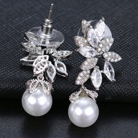 Round Pearl Drop Crystal Earrings, Bridal CZ Diamond 14K Gold Pearl Studs, Wedding Crystal Stud Earrings - KaleaBoutique.com