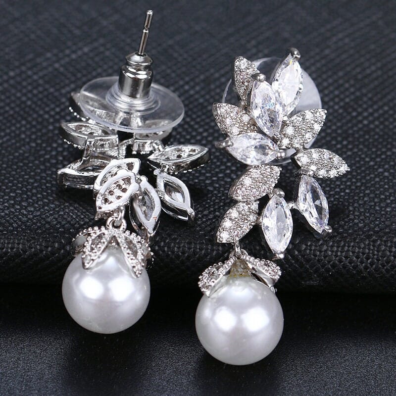 Round Pearl Drop Crystal Bridesmaid Earrings, Bridal CZ Diamond Crystal Pearl Studs, 14K Gold Wedding Pearl Dangle Fashion Stud Earrings - KaleaBoutique.com