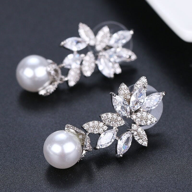 Round Pearl Drop Crystal Earrings, Bridal CZ Diamond 14K Gold Pearl Studs, Wedding Crystal Stud Earrings - KaleaBoutique.com