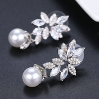 Round Pearl Drop Crystal Earrings, Bridal CZ Diamond 14K Gold Pearl Studs, Wedding Crystal Stud Earrings - KaleaBoutique.com