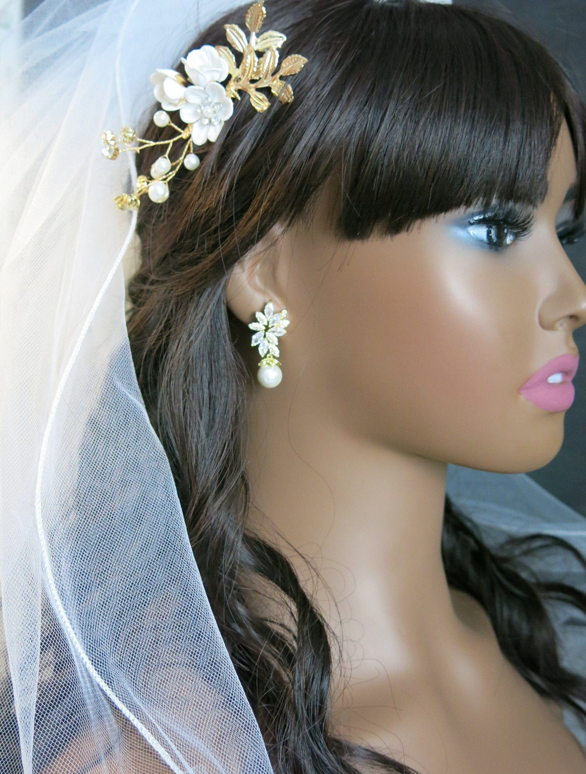 Round Pearl Drop Crystal Earrings, Bridal CZ Diamond 14K Gold Pearl Studs, Wedding Crystal Stud Earrings - KaleaBoutique.com